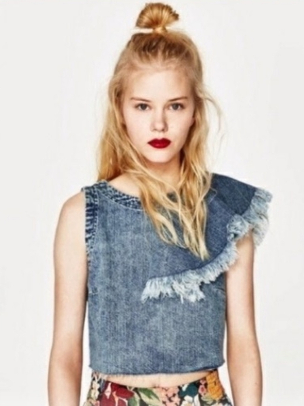 Zara Trafaluc Denim Crop Top M Y2K Boho Coquette Ruffle Zip Back Grunge - Picture 3 of 10